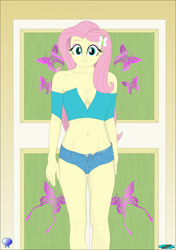 Size: 1328x1884 | Tagged: safe, artist:fab3716, derpibooru import, fluttershy, human, series:fluttershy's fantasy, equestria girls, g4, absolute cleavage, adult, bare midriff, belly, belly button, breasts, butterfly hairpin, cleavage, clothes, collarbone, curvy, cyan eyes, eyeshadow, female, fit, hootershy, jean panties, legs, long hair, looking at you, makeup, off shoulder, pink eyeshadow, pink hair, reasonably sized breasts, ribcage, sexy, shorts, slender, small head, smiling, smiling at you, solo, standing, stupid sexy fluttershy, thin, uncanny valley