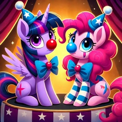 Size: 1024x1024 | Tagged: safe, ai content, derpibooru import, generator:bing image creator, generator:dall-e 3, machine learning generated, pinkie pie, twilight sparkle, twilight sparkle (alicorn), alicorn, earth pony, g4, alternate cutie mark, bowtie, clown, clown nose, duo, female, hat, horn, mare, prompter:heydude5321, red nose, wings