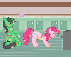 Size: 2000x1600 | Tagged: safe, artist:deej, derpibooru import, pinkie pie, oc, oc:anon, oc:anon stallion, earth pony, unicorn, apron, baking, batter, blush lines, blushing, bowl, clothes, dough, duo, female, food, horn, indoors, kitchen, male, mare, oven, stallion, sugarcube corner, wiggle