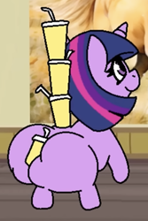 Size: 682x1018 | Tagged: safe, artist:tamers12345, derpibooru import, twilight sparkle, pony, unicorn, g4, butt, butt hold, cup, drinking straw, horn, juice, lemonade, my little pony: starsong and toola roola come to visit, no tail, questionable source