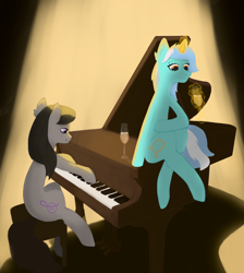 Size: 2480x2772 | Tagged: safe, artist:canary9, derpibooru import, lyra heartstrings, octavia melody, earth pony, pony, unicorn, g4, champagne glass, duo, female, glowing, glowing horn, high res, horn, magic, mare, musical instrument, piano, playing, sitting, spotlight, telekinesis