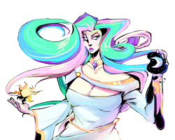 Size: 5000x4000 | Tagged: safe, artist:2hotskulls, derpibooru import, princess celestia, human, g4, absurd resolution, blank eyes, breasts, cleavage, clothes, dress, female, hades (game), humanized, moon, princess breastia, simple background, solo, sun, transparent background