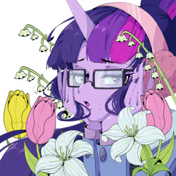 Size: 1400x1400 | Tagged: safe, artist:破坏海胆boom, derpibooru import, twilight sparkle, human, equestria girls, g4, flower, glasses, horn, horned humanization, humanized, unicorn horn