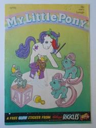 Size: 720x960 | Tagged: safe, derpibooru import, earth pony, pony, rabbit, unicorn, g1, alphabet blocks, animal, comic cover, cover, cover art, female, filly, foal, hat, horn, jabber, jebber, jewelry, magic hat, magic wand, mare, my little pony vol. 1, my little pony vol. 1 #93, necklace, official comic, photo, raised hoof, raised leg, rattle, tail, top hat