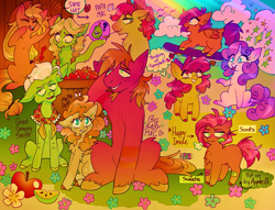 Size: 1967x1500 | Tagged: safe, artist:ayyolilikoi, derpibooru import, apple bloom, applejack, babs seed, big macintosh, bright mac, granny smith, pear butter, scootaloo, sweetie belle, earth pony, pony, g4, apple, apple family, bandaid, biting pear of salamanca, chest fluff, cutie mark crusaders, female, filly, flower, foal, food, male, mare, mother and child, mother and son, outdoors, parent and child, skateboard, stallion, tongue, tongue out, young granny smith, younger