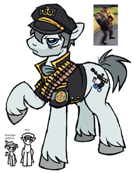 Size: 559x724 | Tagged: safe, artist:muffinz, derpibooru import, oc, oc only, earth pony, pony, bandolier, clothes, gun, hat, heavy (tf2), sailor uniform, solo, team fortress 2, uniform, weapon