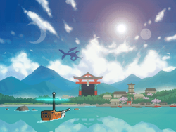 Size: 800x600 | Tagged: safe, artist:rangelost, derpibooru import, dragon, cloud, cyoa, cyoa:d20 pony, digital art, forest, harbor, lens flare, magic, magic circle, moon, mountain, mountain range, nature, ocean, outdoors, pier, pixel art, scenery, ship, sky, story included, sun, tree, village, water