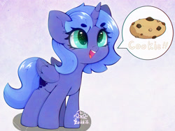 Size: 4000x3000 | Tagged: safe, artist:zokkili, derpibooru import, princess luna, alicorn, pony, g4, beanbrows, cookie, cute, ear fluff, ears, eyebrows, eyebrows visible through hair, female, folded wings, food, high res, horn, lunabetes, mare, open mouth, open smile, signature, smiling, solo, speech bubble, tail, wings