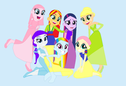 Size: 1110x758 | Tagged: safe, artist:taaline, derpibooru import, applejack, fluttershy, pinkie pie, rainbow dash, rarity, sci-twi, sunset shimmer, twilight sparkle, human, equestria girls, g4, aladdin, alternate hairstyle, base used, beauty and the beast, belle, clothes, cosplay, costume, disney, disney princess, fa mulan, humane five, humane seven, humane six, mulan, native american, pocahontas, princess ariel, princess jasmine, princess tiana, snow white, snow white and the seven dwarfs, squaw dash, the little mermaid, the princess and the frog, tiana