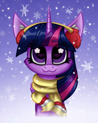 Size: 2000x2500 | Tagged: safe, artist:sunamoonmlp, derpibooru exclusive, derpibooru import, twilight sparkle, twilight sparkle (alicorn), alicorn, pony, g4, clothes, cute, female, horn, looking at you, mare, scarf, smiling, smiling at you, snow, solo, wings, winter, winter outfit