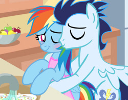 Size: 749x586 | Tagged: safe, artist:soarindasher10, derpibooru import, rainbow dash, soarin', pegasus, pony, g4, blushing, cute, dashabetes, female, heartwarming, husband and wife, indoors, kiss on the cheek, kissing, male, mare, married couple, rainbow dash is best pony, shipping, smiling, soarinbetes, soarindash, stallion, straight, sweet dreams fuel