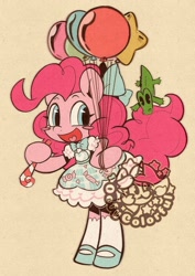 Size: 1448x2048 | Tagged: safe, artist:colorfulcolor233, derpibooru import, part of a set, gummy, pinkie pie, earth pony, pony, semi-anthro, g4, balloon, bow, clothes, dress, female, hair bow, looking at you, shoes, simple background, smiling, socks, solo