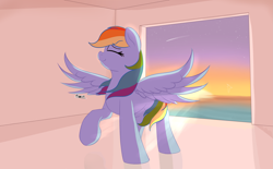 Size: 3447x2138 | Tagged: safe, artist:ricy, derpibooru import, ponerpics import, rainbow dash, bird, pegasus, pony, seagull, g4, eyes closed, female, indoors, mare, ocean, shooting star, smiling, solo, spread wings, sunset, water, wings