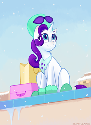 Size: 1573x2164 | Tagged: safe, artist:waffletheheadmare, derpibooru import, rarity, pony, unicorn, g4, bag, bearskin, boots, clothes, cute, female, goggles, hat, horn, jewels, luggage, mare, outdoors, raribetes, shoes, sitting, smiling, snow, snowfall, suitcase, train station, winter