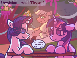 Size: 800x600 | Tagged: safe, artist:rosa ushiromiya, derpibooru import, applejack, rarity, twilight sparkle, alicorn, pony, unicorn, fanfic:physician heal thyself, g4, duo, duo female, fanfic art, female, horn, mare, sitting, speech bubble, table