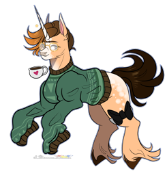 Size: 1420x1449 | Tagged: safe, artist:legendaryshadee, derpibooru import, oc, oc:coffee cake, pony, unicorn, clothes, glasses, horn, male, simple background, solo, stallion, sweater, transparent background