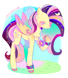 Size: 1110x1280 | Tagged: safe, artist:woofie58_, derpibooru import, fluttershy, pegasus, pony, g4, emoshy, female, flower, flower in hair, holding, mare, outdoors, solo, spiked wristband, unshorn fetlocks, wristband