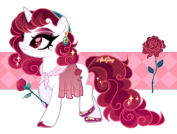 Size: 1700x1294 | Tagged: safe, artist:afterglory, derpibooru import, oc, oc only, pony, unicorn, adoptable, adoptable open, beauty mark, bipedal, clothes, colored eyebrows, colored hooves, colored pupils, curly hair, curly mane, curly tail, ear piercing, ethereal mane, ethereal tail, eyelashes, eyeshadow, female, female oc, flower, for sale, frown, glowing, glowing mane, glowing tail, halftone, head scarf, hoof hold, hoof shoes, hooves, horn, makeup, mare, mare oc, maroon eyes, neckerchief, partially transparent background, piercing, profile, raised hoof, raised leg, red eyes, red eyeshadow, red hooves, red mane, red pupils, red tail, rose, sash, scarf, shiny hooves, shiny mane, shiny tail, signature, solo, sparkles, sparkly mane, sparkly tail, tail, thick eyelashes, unicorn oc, white coat