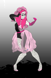 Size: 2944x4470 | Tagged: safe, artist:ponny, derpibooru import, pinkie pie, human, g4, bipedal, clothes, crazy face, drawthread, dress, faic, fishnet clothing, fishnet stockings, humanized, insanity, pinkamena diane pie, pointing, pointing at self, requested art, smiling, solo, stockings, thigh highs