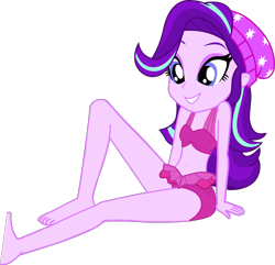 Size: 1382x1335 | Tagged: safe, alternate version, artist:dustinwatsongkx, derpibooru import, starlight glimmer, human, equestria girls, g4, bare shoulders, barefoot, beanie, belly, belly button, bikini, clothes, clothes swap, feet, female, hat, midriff, pinkie pie swimsuit, simple background, sleeveless, solo, swimsuit, swimsuit swap, transparent background, vector