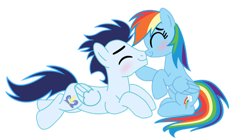 Size: 1280x706 | Tagged: safe, artist:soarindasher10, derpibooru import, rainbow dash, soarin', pegasus, pony, g4, blushing, female, male, mare, shipping, simple background, smiling, soarindash, stallion, straight, transparent background