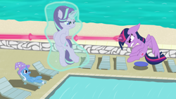 Size: 1920x1080 | Tagged: safe, artist:agreylongma, derpibooru import, starlight glimmer, trixie, twilight sparkle, twilight sparkle (alicorn), alicorn, pony, unicorn, g4, beach, beach chair, chair, clothes, female, flying, glowing, glowing horn, hat, horn, magic, magic aura, mare, ocean, outdoors, path, sand, smug, spread wings, swimming pool, telekinesis, trixie's hat, water, wings