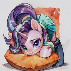 Size: 1280x1280 | Tagged: safe, ai content, derpibooru import, machine learning generated, starlight glimmer, pony, unicorn, g4, clothes, horn, pillow, prompter:ilham470, skirt, solo