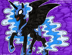 Size: 4289x3285 | Tagged: safe, artist:artistnjc, derpibooru import, nightmare moon, alicorn, g4, antagonist, colored, concave belly, ethereal mane, evil smile, raised hoof, raised leg, sharp teeth, signature, slender, smiling, solo, spread wings, teeth, thin, traditional art, villainess, white eyes, wings