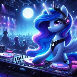 Size: 1024x1024 | Tagged: source needed, safe, ai content, derpibooru import, generator:bing image creator, generator:dall-e 3, machine learning generated, princess luna, alicorn, g4, dj mixer, headphones, indoors, mixing console, nightclub, prompter needed, turntable, wrong cutie mark, wrong eye color