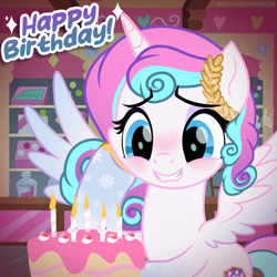 Size: 2000x2000 | Tagged: safe, artist:bobthelurker, artist:lovinglypromise, derpibooru import, oc, oc:lovely promise, alicorn, pony, base used, birthday cake, cake, female, food, indoors, mare, not flurry heart, solo