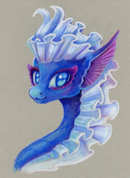 Size: 878x1200 | Tagged: safe, artist:maytee, derpibooru import, idw, hybrid, kelpie, seapony (g4), g4, blue eyes, blue mane, blushing, bust, cassie, commission, cute, eyelashes, female, fin ears, flowing mane, looking at you, portrait, scales, simple background, smiling, smiling at you, solo, traditional art