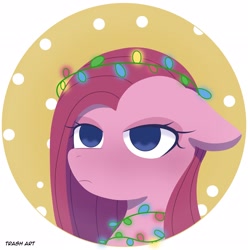 Size: 2028x2048 | Tagged: safe, artist:eltrash_art6, derpibooru import, pinkie pie, earth pony, pony, g4, christmas, christmas lights, female, holiday, icon, mare, pinkamena diane pie, pinkie pie is not amused, snow, solo, unamused