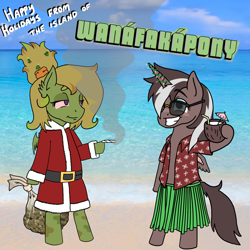 Size: 2160x2160 | Tagged: safe, artist:traphousefluttershy, derpibooru import, oc, oc only, alicorn, bat pony, beach, christmas, clothes, coconut cup, costume, drugs, grass skirt, happy holidays, holiday, marijuana, real life background, santa costume, skirt