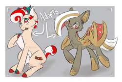 Size: 2351x1567 | Tagged: safe, artist:elinetic, derpibooru import, oc, oc only, bat pony, cookie pony, deer, deer pony, food pony, hybrid, original species, pony, adoptable, bat pony oc, bat wings, candy, candy cane, cloven hooves, coat markings, colored ear fluff, colored hooves, colored wings, cookie, deer pony oc, food, hoof on chest, hooves, looking at you, mouth hold, signature, spread wings, tail, two toned eyes, two toned mane, two toned tail, walking, wings