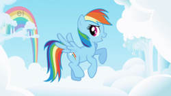 Size: 300x169 | Tagged: safe, derpibooru import, screencap, rainbow dash, pegasus, pony, g4, ei, female, flying, mare, my little pony: friendship is magic, opening theme, picture for breezies