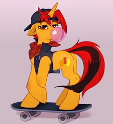 Size: 2632x2904 | Tagged: safe, alternate version, artist:taneysha, derpibooru import, oc, oc only, pony, unicorn, bubblegum, food, gum, horn, skateboard, solo, unicorn oc