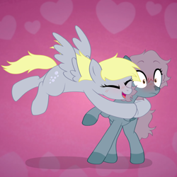 Size: 1280x1280 | Tagged: safe, artist:brynnstic, derpibooru exclusive, derpibooru import, derpy hooves, oc, oc:moonrise glimmers, pegasus, pony, g4, blue coat, canon x oc, cutie mark, female, flying, gray coat, hug, lesbian, purple mane, style emulation, wings, yellow mane