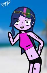 Size: 2814x4312 | Tagged: safe, alternate version, artist:degupr, derpibooru import, twilight sparkle, twilight sparkle (alicorn), alicorn, human, unicorn, equestria girls, g4, alternate hairstyle, amazon sparkle, bahia, beach, brazil, clothes, digital art, firealpaca, glasses, horn, looking at you, short shirt, shorts, signature, solo, tattoo