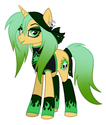 Size: 744x878 | Tagged: safe, artist:byefella, derpibooru import, oc, oc only, oc:sin rush, pony, unicorn, arm warmers, bandana, clothes, ear piercing, earring, eyeshadow, female, fire, green eyes, green eyeshadow, green fire, green hair, green lipstick, green mane, green tail, horn, jewelry, lipstick, makeup, mare, piercing, shirt, simple background, solo, stockings, tail, tail wrap, thigh highs, tomboy, transparent background