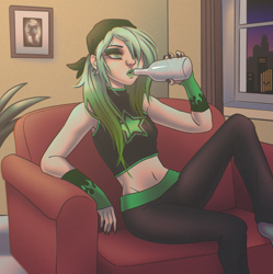 Size: 1415x1419 | Tagged: safe, artist:byefella, derpibooru import, oc, oc only, oc:sin rush, human, alcohol, arm warmers, bandana, belly, belly button, bottle, breasts, clothes, drink, drinking, ear piercing, earring, eyeshadow, female, fire, green eyes, green eyeshadow, green fire, green hair, green lipstick, humanized, humanized oc, jewelry, lipstick, makeup, midriff, nail polish, pants, piercing, shirt, socks, sofa, solo, sweatpants, tomboy