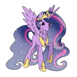 Size: 640x640 | Tagged: safe, artist:saturaed_acidity, derpibooru import, princess celestia, princess twilight 2.0, twilight sparkle, twilight sparkle (alicorn), alicorn, pony, g4, cheek fluff, crown, ear fluff, ears, ethereal mane, female, hoof shoes, jewelry, mare, neck fluff, older, older twilight, older twilight sparkle (alicorn), palette swap, peytral, princess shoes, raised hoof, raised leg, recolor, regalia, simple background, solo, sparkling mane, spread wings, white background, wings