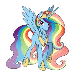 Size: 640x640 | Tagged: safe, artist:saturaed_acidity, derpibooru import, princess celestia, rainbow dash, alicorn, pony, g4, alicornified, cheek fluff, crown, ear fluff, ears, ethereal mane, female, hoof shoes, jewelry, mare, neck fluff, palette swap, peytral, princess shoes, race swap, rainbowcorn, raised hoof, raised leg, recolor, regalia, simple background, solo, sparkling mane, spread wings, white background, wings