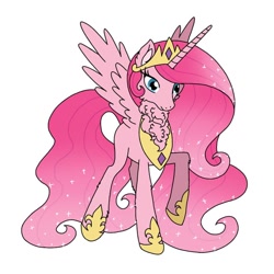 Size: 640x640 | Tagged: safe, artist:saturaed_acidity, derpibooru import, pinkie pie, princess celestia, alicorn, pony, g4, alicornified, cheek fluff, crown, ear fluff, ears, ethereal mane, female, hoof shoes, jewelry, mare, neck fluff, palette swap, peytral, pinkiecorn, princess shoes, race swap, raised hoof, raised leg, recolor, regalia, simple background, solo, sparkling mane, spread wings, white background, wings