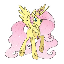 Size: 640x640 | Tagged: safe, artist:saturaed_acidity, derpibooru import, fluttershy, princess celestia, alicorn, pony, g4, alicornified, cheek fluff, crown, ear fluff, ears, ethereal mane, female, fluttercorn, hoof shoes, jewelry, mare, neck fluff, palette swap, peytral, princess shoes, race swap, raised hoof, raised leg, recolor, regalia, simple background, solo, sparkling mane, spread wings, white background, wings