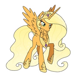 Size: 640x640 | Tagged: safe, artist:saturaed_acidity, derpibooru import, applejack, princess celestia, alicorn, pony, g4, alicornified, applecorn, cheek fluff, crown, ear fluff, ears, ethereal mane, female, freckles, hoof shoes, jewelry, mare, neck fluff, palette swap, peytral, princess shoes, race swap, raised hoof, raised leg, recolor, regalia, simple background, solo, sparkling mane, spread wings, white background, wings