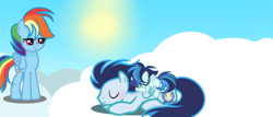 Size: 847x362 | Tagged: safe, artist:pandastars1109, derpibooru import, rainbow dash, soarin', pegasus, pony, g4, female, filly, foal, male, mare, offspring, parent:rainbow dash, parent:soarin', parents:soarindash, shipping, sleeping, soarindash, stallion, straight