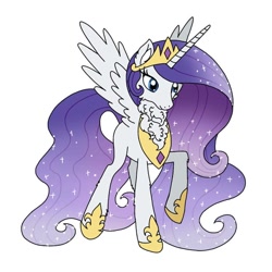 Size: 640x640 | Tagged: safe, artist:saturaed_acidity, derpibooru import, princess celestia, rarity, alicorn, pony, g4, alicornified, cheek fluff, crown, ear fluff, ears, ethereal mane, female, hoof shoes, jewelry, mare, neck fluff, palette swap, peytral, princess shoes, race swap, raised hoof, raised leg, raricorn, recolor, regalia, simple background, solo, sparkling mane, spread wings, white background, wings