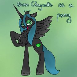 Size: 640x640 | Tagged: safe, artist:saturaed_acidity, derpibooru import, queen chrysalis, alicorn, pony, g4, chest fluff, crown, ear fluff, ears, eyeshadow, female, floppy ears, hoof fluff, hoof on chest, jewelry, lidded eyes, makeup, mare, neck fluff, open mouth, ponified, pony chrysalis, regalia, solo, species swap, spread wings, wings