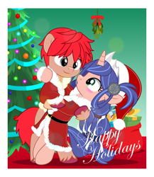 Size: 4333x5000 | Tagged: safe, artist:jhayarr23, derpibooru import, earth pony, pony, unicorn, adol christin, christmas, christmas tree, commission, dana iclucia, female, hat, holiday, horn, male, mare, mistletoe, ponified, santa hat, species swap, stallion, tree, ys, ys viii