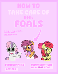 Size: 3367x4330 | Tagged: safe, artist:snowflakepone, derpibooru import, apple bloom, scootaloo, sweetie belle, earth pony, pegasus, unicorn, g4, ageplay, book cover, cover, cutie mark crusaders, diaper, diaper fetish, female, fetish, filly, foal, guide, guidebook, horn, simple background, trio, younger